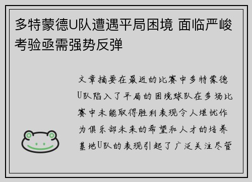 多特蒙德U队遭遇平局困境 面临严峻考验亟需强势反弹