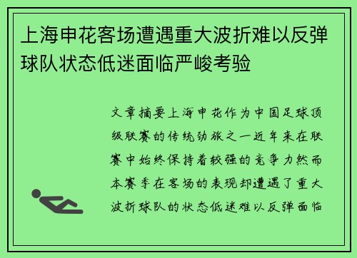 上海申花客场遭遇重大波折难以反弹球队状态低迷面临严峻考验