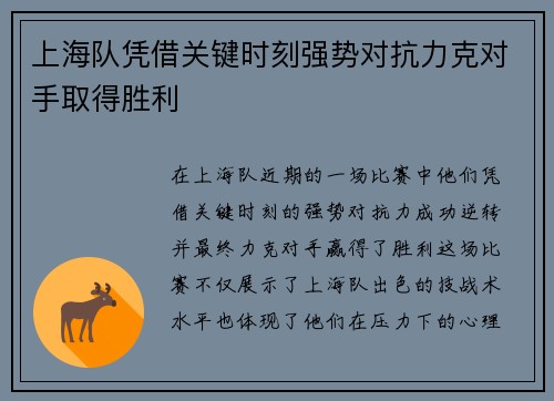 上海队凭借关键时刻强势对抗力克对手取得胜利