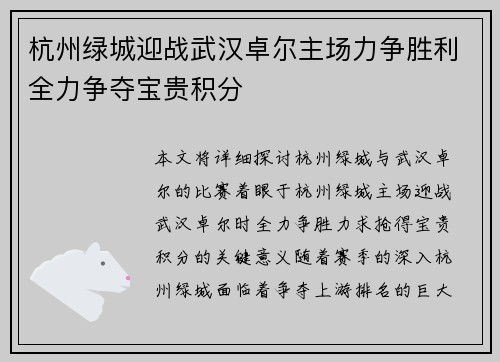 杭州绿城迎战武汉卓尔主场力争胜利全力争夺宝贵积分