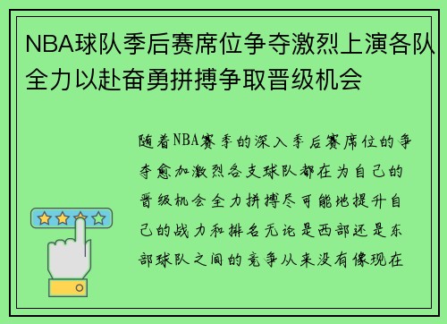 NBA球队季后赛席位争夺激烈上演各队全力以赴奋勇拼搏争取晋级机会