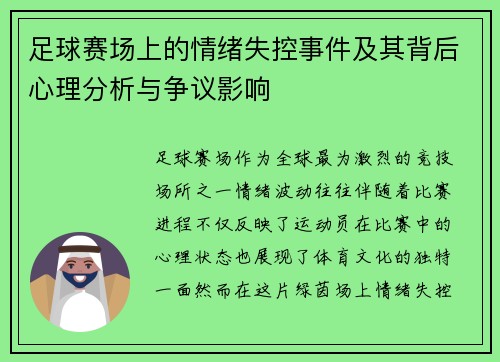 足球赛场上的情绪失控事件及其背后心理分析与争议影响